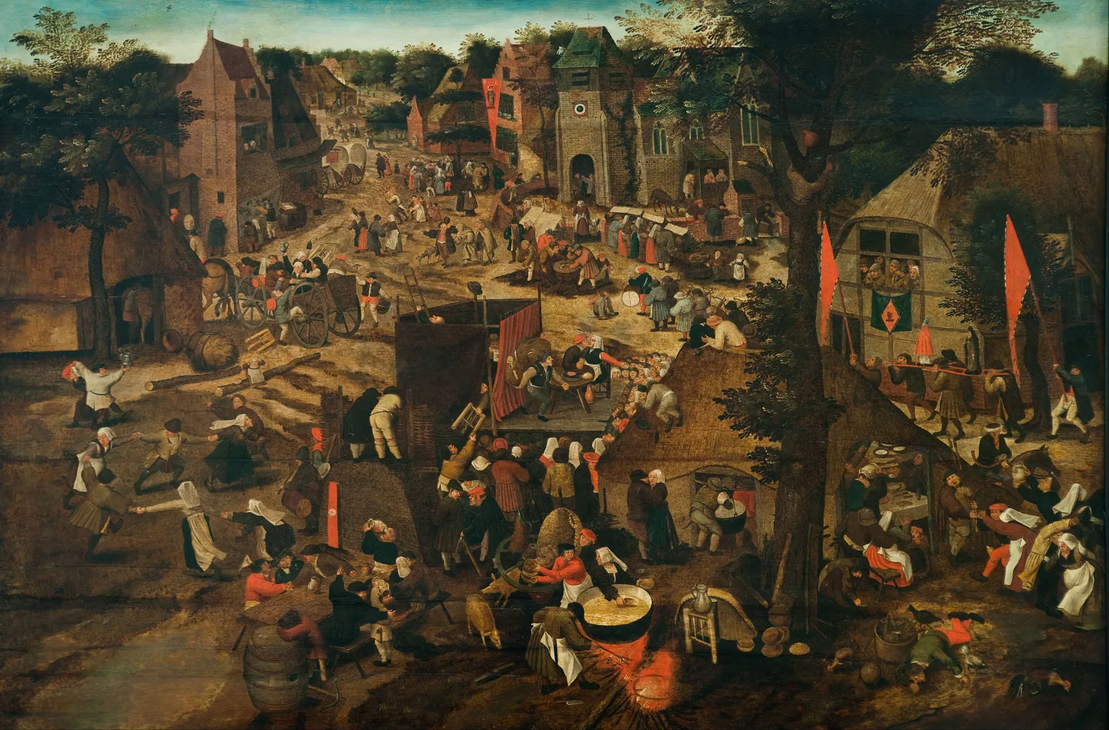 Pieter Brueghel the Younger painting of a crowded village fair with dancers, stalls, and a church
