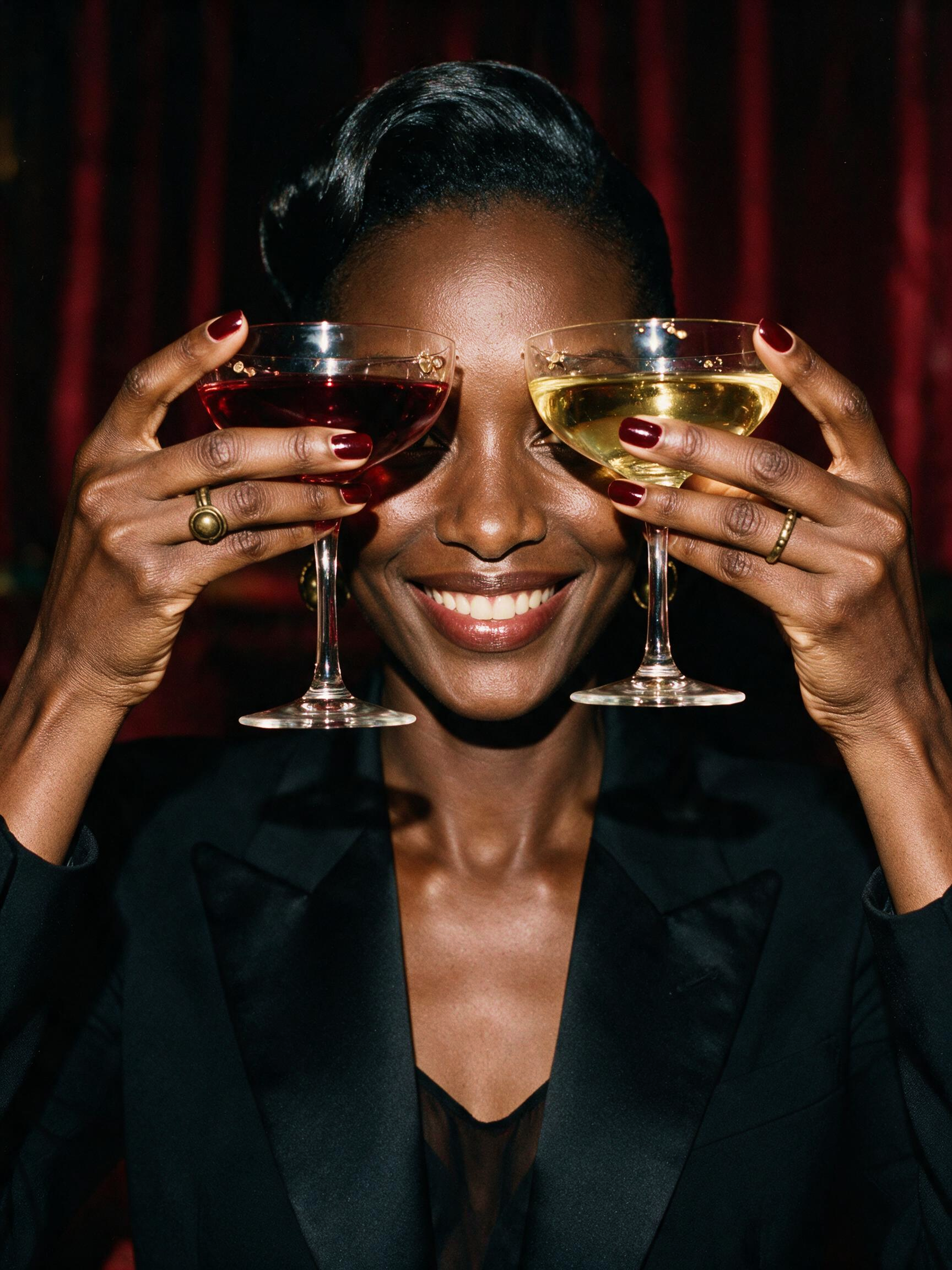 A smiling guest holding two coupe glasses over her eyes