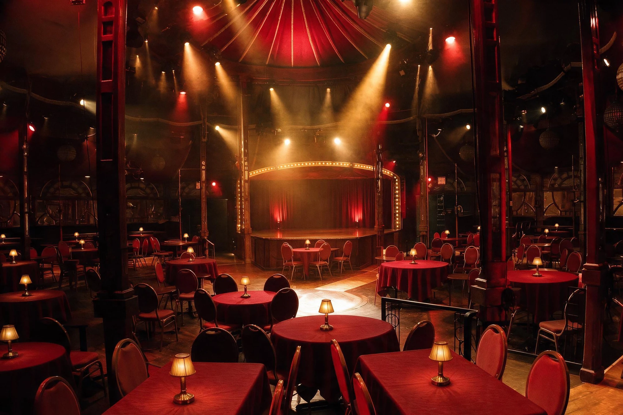 Dining room with red tablecloths and table lamps facing the stage under a striped tent ceiling